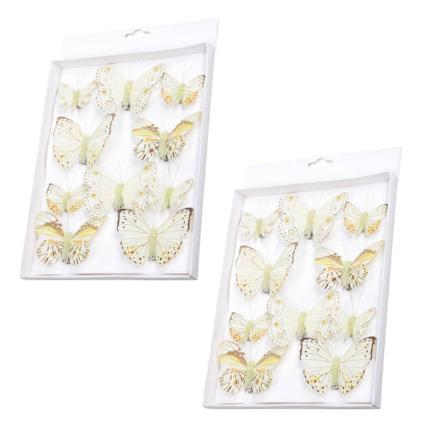 10x stuks decoratie vlinders op clip geel 5 tot 8 cm - Hobbydecoratieobject