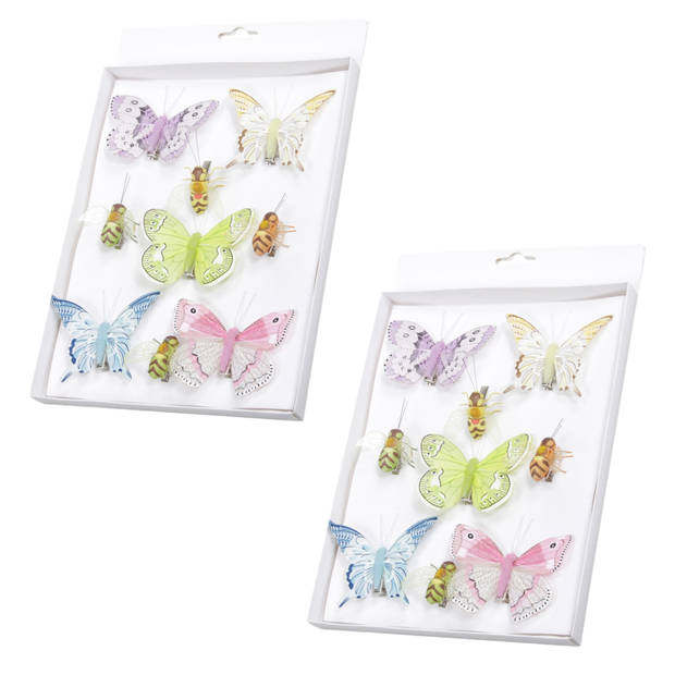 9x stuks decoratie vlinders/bijen op clip gekleurd 5 tot 8 cm - Hobbydecoratieobject