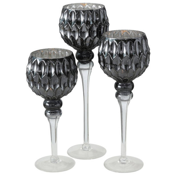 Luxe glazen design kaarsenhouders/windlichten set van 3x stuks antraciet/zilver transparant 30-40 cm - Waxinelichtjeshou