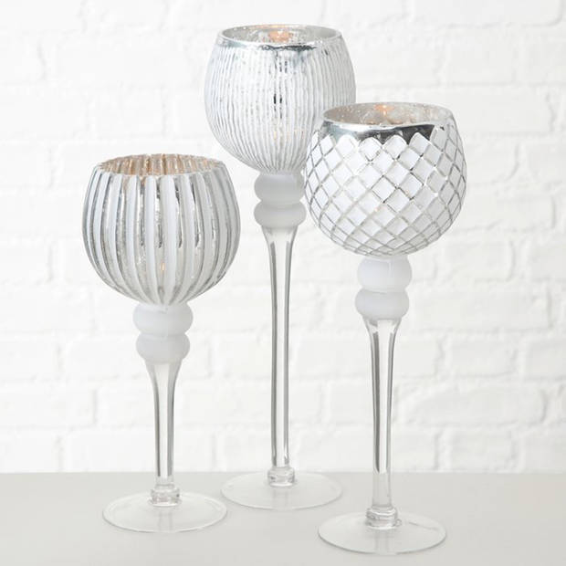 Luxe glazen design kaarsenhouders/windlichten set van 3x stuks zilver/wit transparant 30-40 cm - Waxinelichtjeshouders