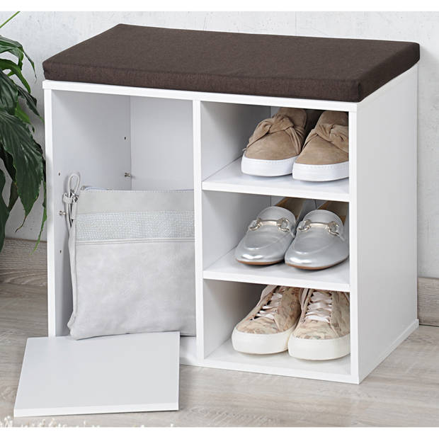 Wit houten bank schoenenkastje/schoenrekje 29 x 48 x 51 cm met zitkussen - Schoenenrekken