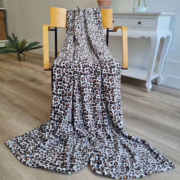 Fluffy/ coral fleece plaid/deken luipaard dieren print 120 x 160 cm - Plaids