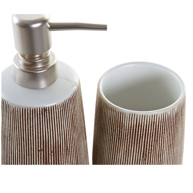 Badkamerset met zeeppompje en tandenborstel beker beige strepen polystone 10 cm - Badkameraccessoireset