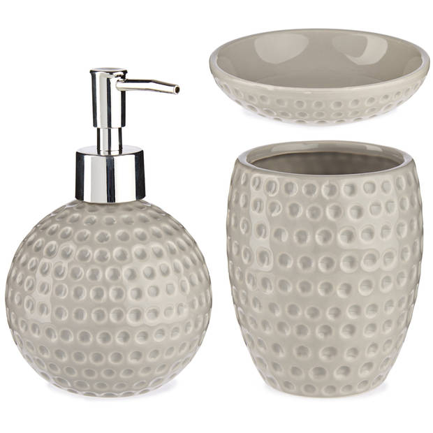 Badkamer accessoires set 4-delig kiezelgrijs/taupe van keramiek - Badkameraccessoireset