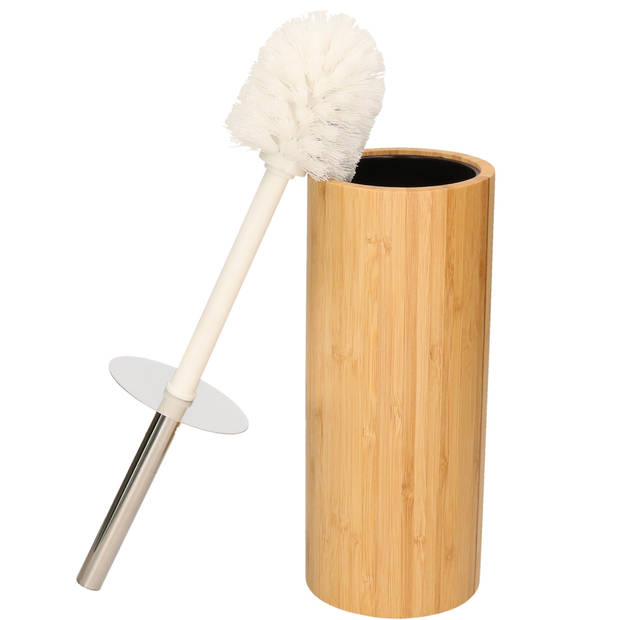 Items Toiletborstel - bruin - RVS handvat - bamboe houder - 37 cm - Toiletborstels