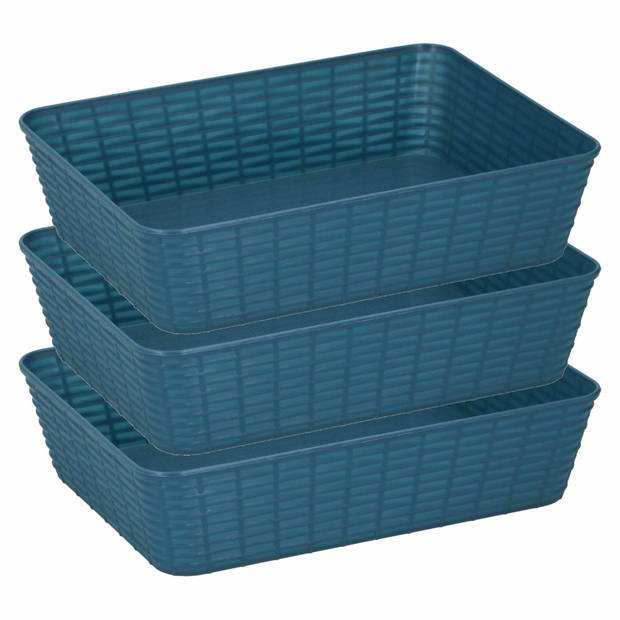 3x Blauwe plastic opbergmanden rechthoekig 25 x 19 x 6 cm - Opbergmanden