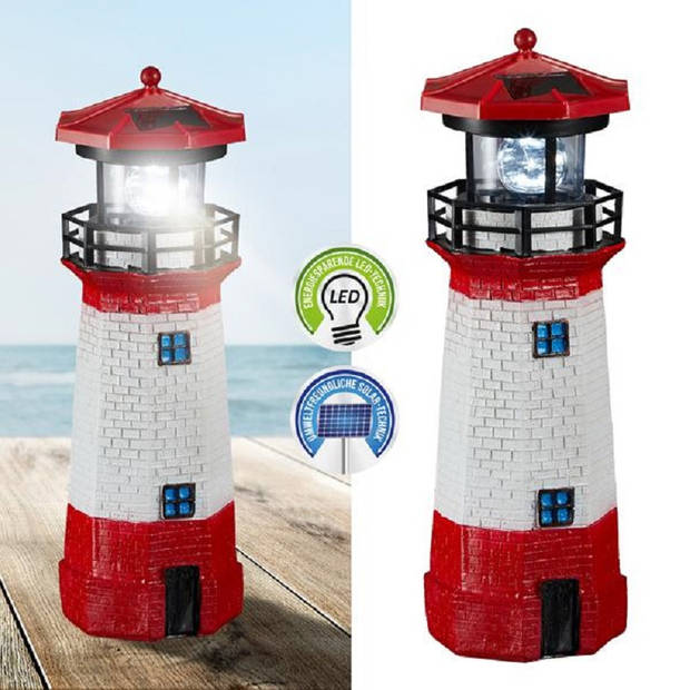 Rode/witte vuurtoren beeldje met solar licht 28 cm maritieme decoratie - Beeldjes