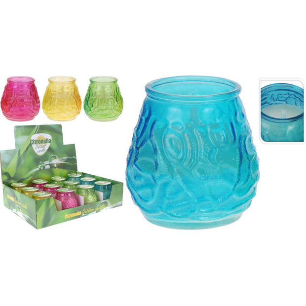 Windlicht geurkaars - 2x - blauw/roze glas - 48 branduren - citrusgeur - geurkaarsen