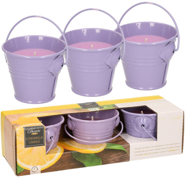 Citronella kaarsen - in zink potje - set 6x - paars - 5 branduren - geurkaarsen