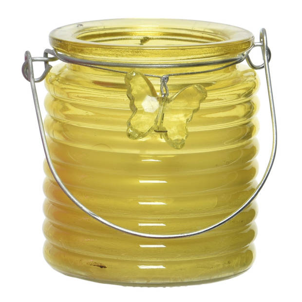 Citronella windlicht met kaars - 3x - paars/geel en groen - 20 branduren - citrusgeur - geurkaarsen