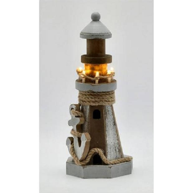 Houten/witte vuurtoren beeldje met LED lampjes 25 cm maritieme decoratie - Beeldjes