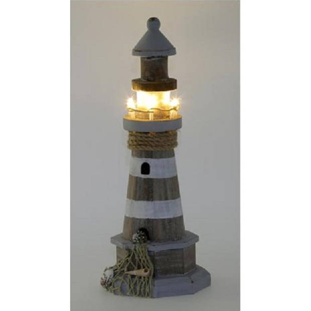 Houten/witte vuurtoren beeldje met LED lampjes 29 cm maritieme decoratie - Beeldjes