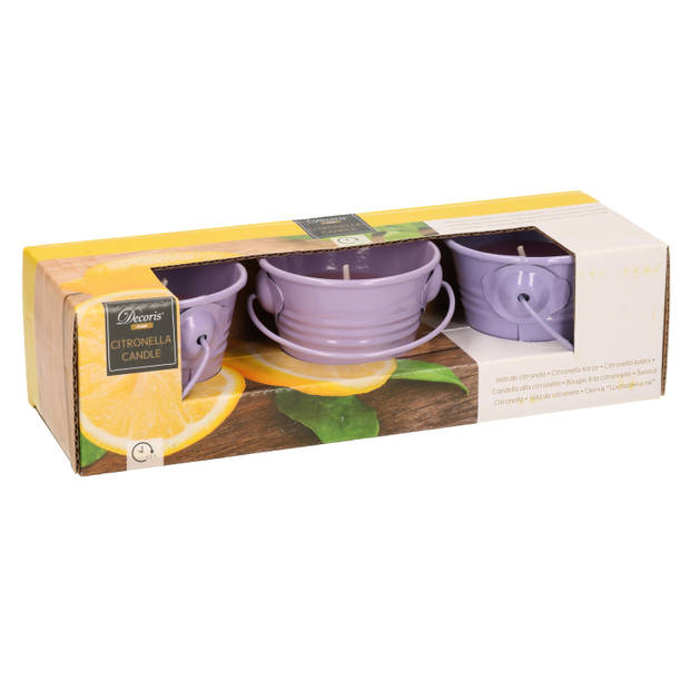 Citronella kaarsen - in zink potje - set 3x - paars - 5 branduren - geurkaarsen