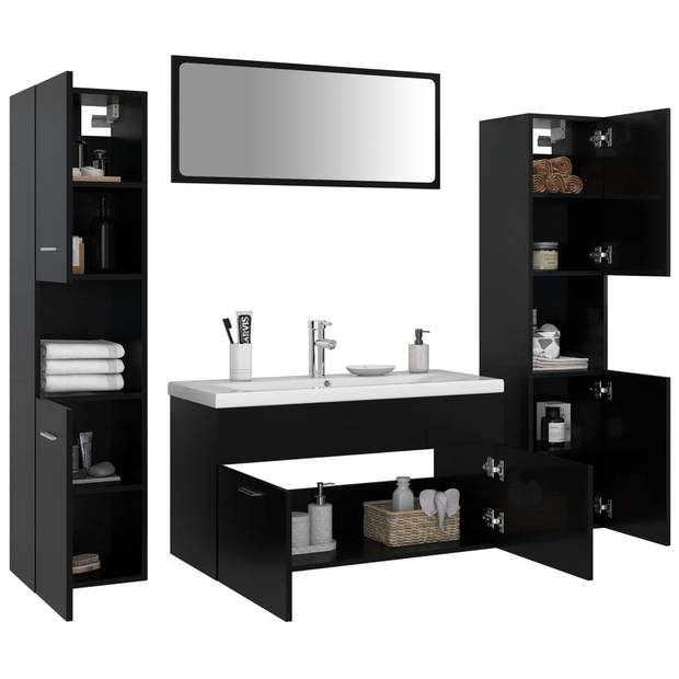 The Living Store Badkamermeubelset - Zwart - 90 x 38.5 x 46 cm - Incl - spiegel - wastafelkast - hoge kasten en