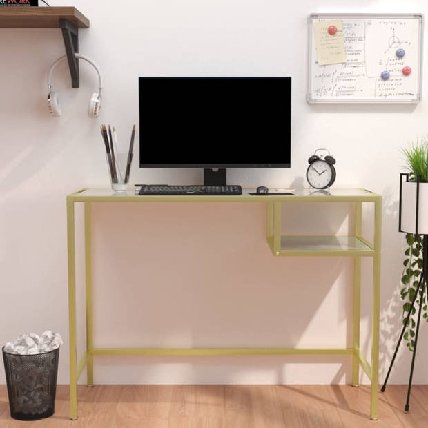 The Living Store Computertafel - Goud en wit - 100 x 36 x 74 cm - Glas en ijzer