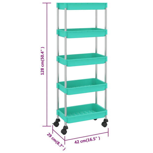 The Living Store Trolley Huishoudelijk - 42 x 29 x 128 cm - Turquoise ABS-Ijzeren Kar met 4 Wielen en Extra