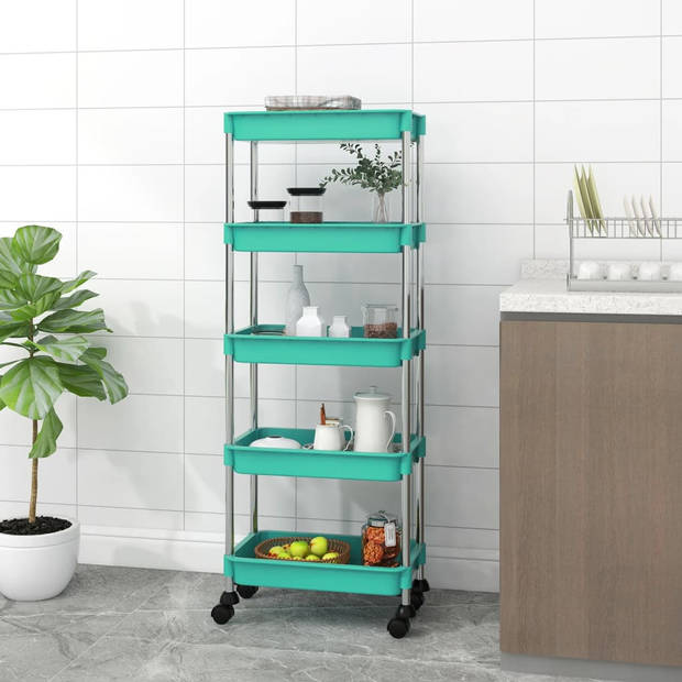 The Living Store Trolley Huishoudelijk - 42 x 29 x 128 cm - Turquoise ABS-Ijzeren Kar met 4 Wielen en Extra