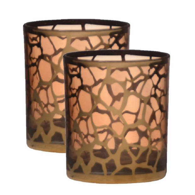 2x stuks theelichthouders/waxinelichthouders giraffe print glas goud 10 x 9 cm - Waxinelichtjeshouders