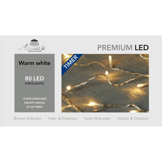 Kerstverlichting warm wit 80 lampjes 800 cm lichtsnoer met timer - Kerstverlichting kerstboom