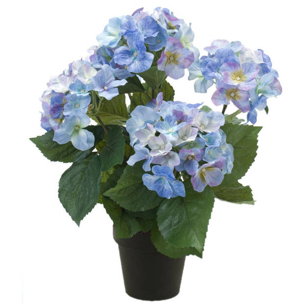 Hortensia kunstplant/kunstbloemen 40 cm - blauw - in pot metallic grijs - Kunstplanten