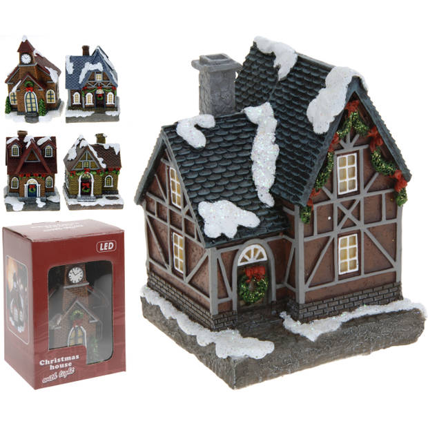 1x Verlichte kerstdorp huisjes/kersthuisjes met rood dak 13,5 cm - Kerstdorpen