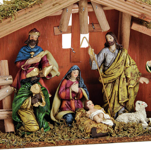 Complete kerststal - inclusief kerstbeelden - 30 x 21 x 10 cm - hout - Kerststallen