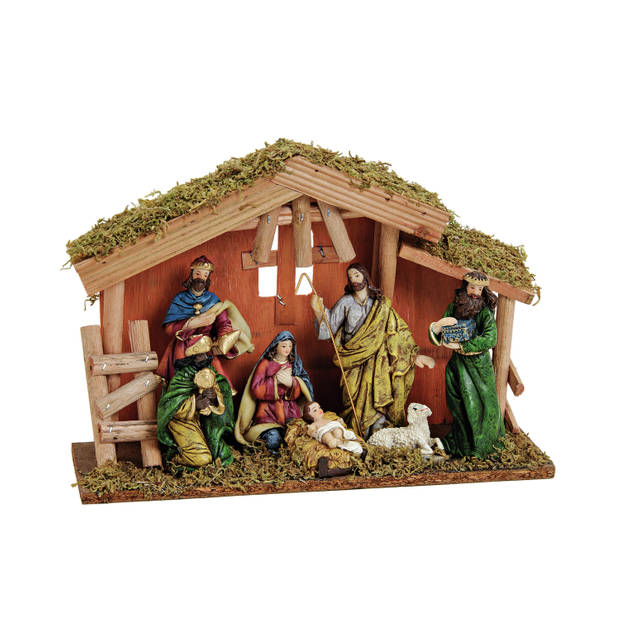 Complete kerststal - inclusief kerstbeelden - 30 x 21 x 10 cm - hout - Kerststallen