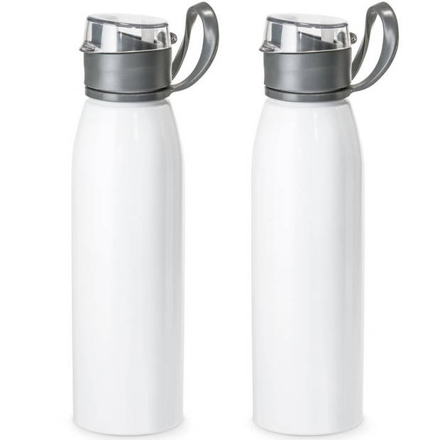 2x Stuks aluminium waterfles/drinkfles wit met klepdop en handvat 650 ml - Drinkflessen