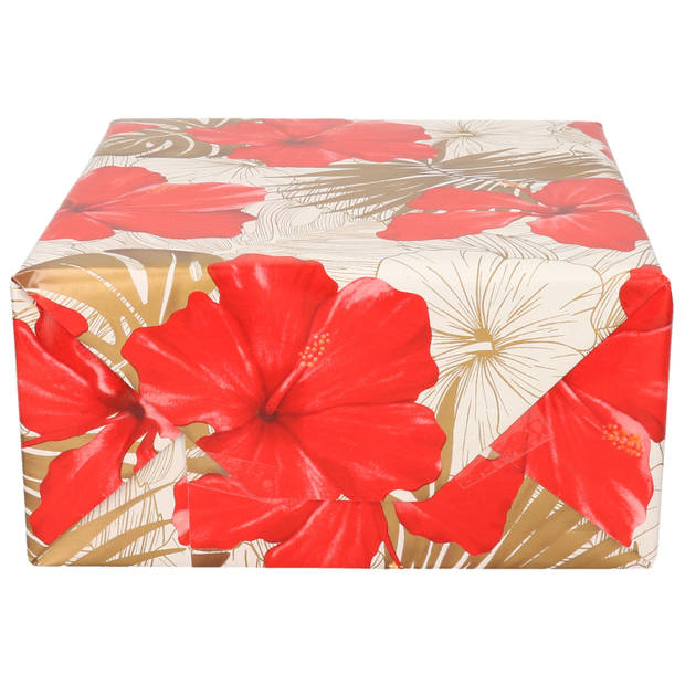 1x Rollen Inpakpapier/cadeaupapier creme met bloemen rood en goud 200 x 70 cm - Cadeaupapier
