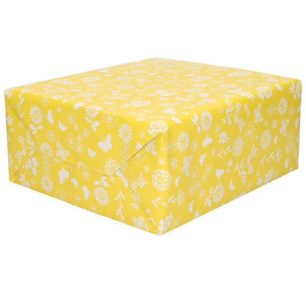 3x Rollen Inpakpapier/cadeaupapier geel met witte bloemen en vlinders 200 x 70 cm - Cadeaupapier