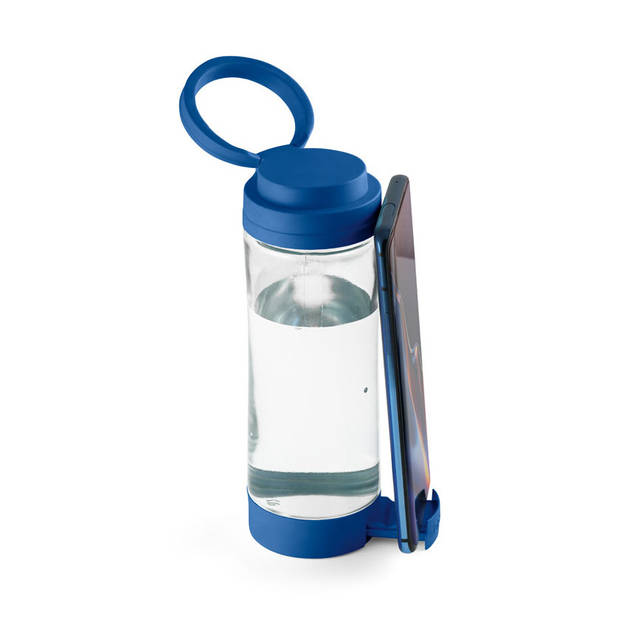 Glazen waterfles/drinkfles met blauwe kunststof schroefdop en smartphone houder 390 ml - Drinkflessen