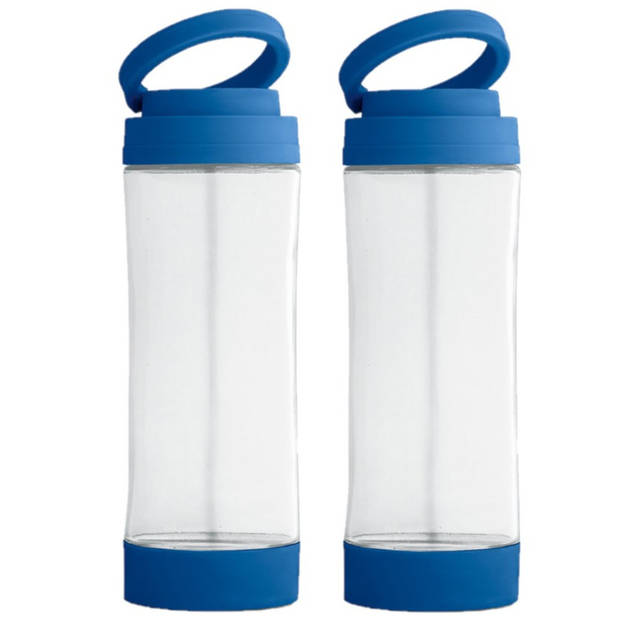 2x Stuks glazen waterfles/drinkfles met blauwe kunststof schroefdop en smartphone houder 390 ml - Drinkflessen