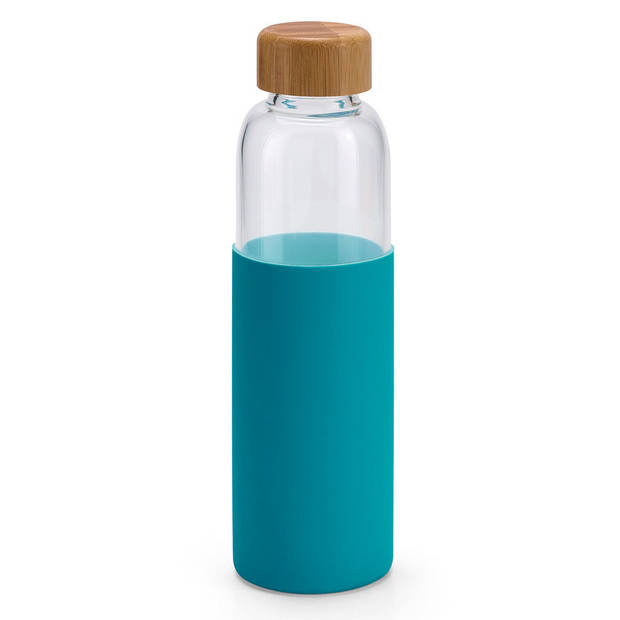 Glazen waterfles/drinkfles met turquoise blauwe siliconen bescherm hoes 600 ml - Drinkflessen