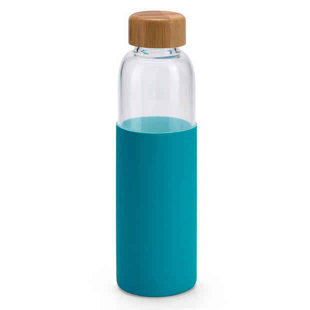 2x Stuks glazen waterfles/drinkfles met turquoise blauwe siliconen bescherm hoes 600 ml - Drinkflessen