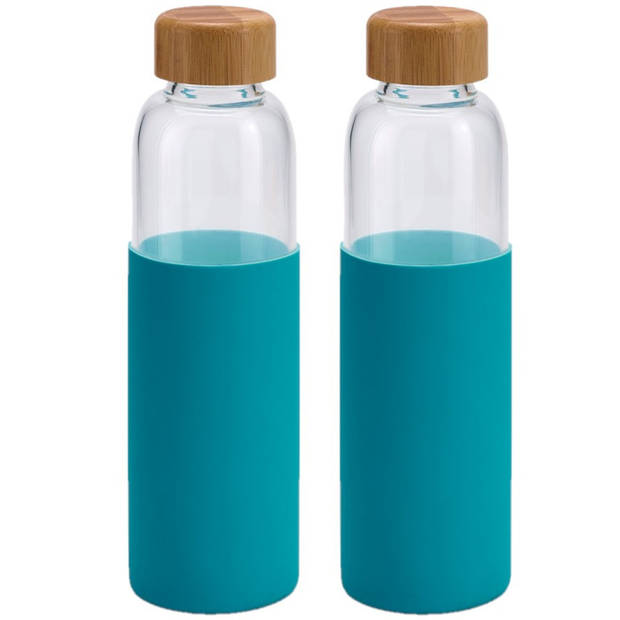 2x Stuks glazen waterfles/drinkfles met turquoise blauwe siliconen bescherm hoes 600 ml - Drinkflessen