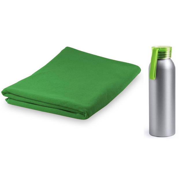 Yoga wellness microvezel handdoek en waterfles groen - Sporthanddoeken