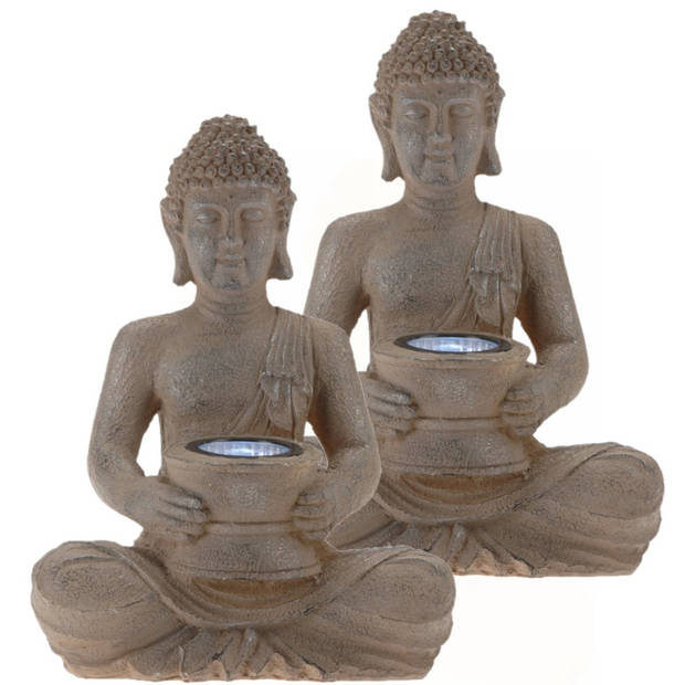 2x stuks tuinverlichting solar lamp boeddha beelden bruin 31 cm - Tuinbeelden