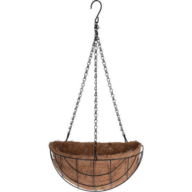 2x stuks metalen hanging baskets / plantenbakken halfrond zwart met ketting 26 cm - hangende bloemen - Plantenbakken