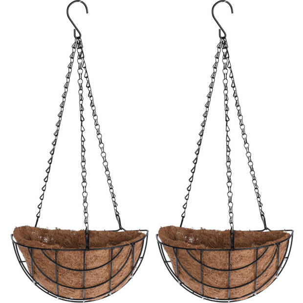 2x stuks metalen hanging baskets / plantenbakken halfrond zwart met ketting 31 cm - hangende bloemen - Plantenbakken