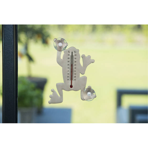 Buitenmuurthemometer grijs kikkertje 16 cm kunststof met zuignap - Buitenthermometers