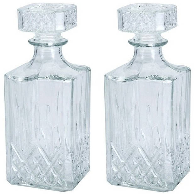 2x Glazen decoratie fles/karaf 750 ml/9 x 23 cm voor water of likeuren - Whiskeykaraffen