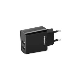 PHILIPS USB-Oplaadblok - DLP2610/03 - 230V - 2 USB-A Poorten - Compatibel met iPhone en Samsung - Zwart