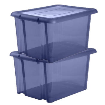 2x stuks kunststof opbergboxen/opbergdozen donkerblauw transparant L65 x B50 x H36 cm stapelbaar - Opbergbox