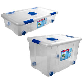 2x Opbergboxen/opbergdozen met deksel en wieltjes 31 en 55 liter kunststof transparant/blauw - Opbergbox