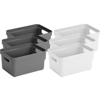 Set van 6x stuks opbergboxen/opbergmanden 5 liter kunststof wit en antraciet - Opbergbox