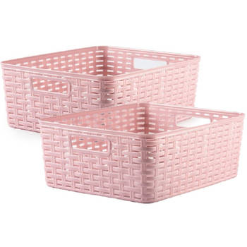 2x stuks rotan gevlochten opbergmand/opbergbox kunststof - Oud roze - 28 x 36 x 13.5 cm - Opbergbox