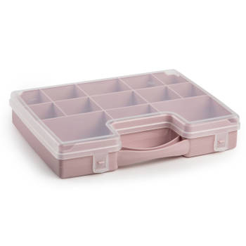 Opbergkoffertje/opbergdoos/sorteerbox 13-vaks kunststof oud roze 27 x 20 x 3 cm - Opbergbox