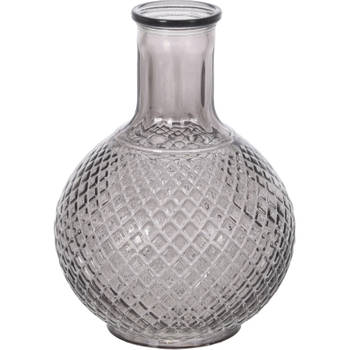 Flesvaas gestipt/geribbeld glas grijs 13 x 19 cm - Vazen