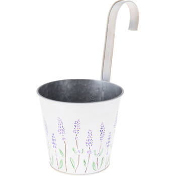 Bloempot/plantenbak zink met ophanghaak creme wit met lavendel 14 x 13 x 26 cm - Plantenpotten