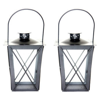 Set van 2x stuks zilveren tuin lantaarn/windlicht van ijzer 15 x 15 x 20 cm - Lantaarns